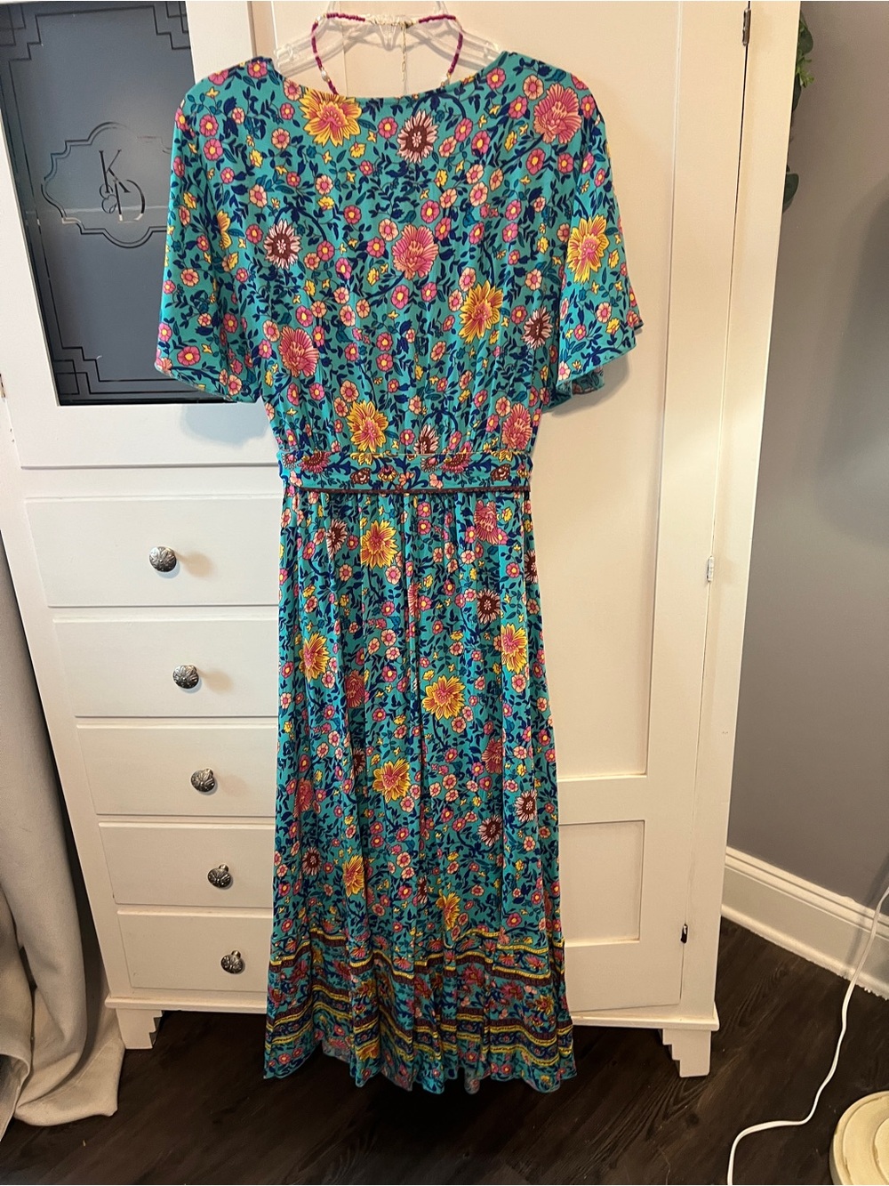 BloomChic Teal Floral Maxi Dress with Waist Tie - Picture 3 of 10